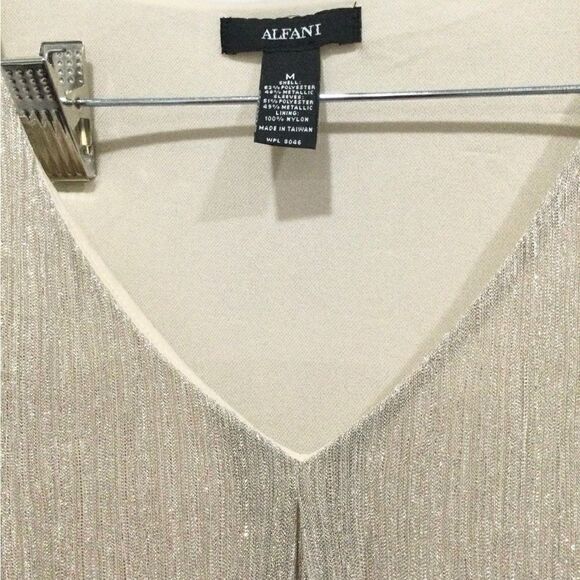 Alfani  V-neck shimmery silver top fully lined body sheer Victorian Sleev… - Picture 6 of 6